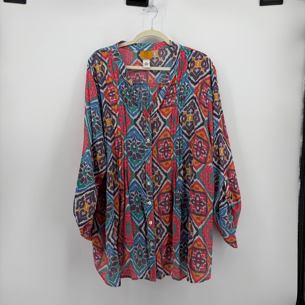 Ruby Rd Womens 3X Multicolor Blouse Geometric Ikat Pintuck Roll Tab Sleeve Top